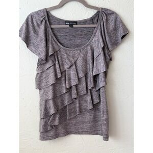 I.N. Studio Womens Grey Space Dye Ruffle Front Flutter Sleeve Knit Top Size M